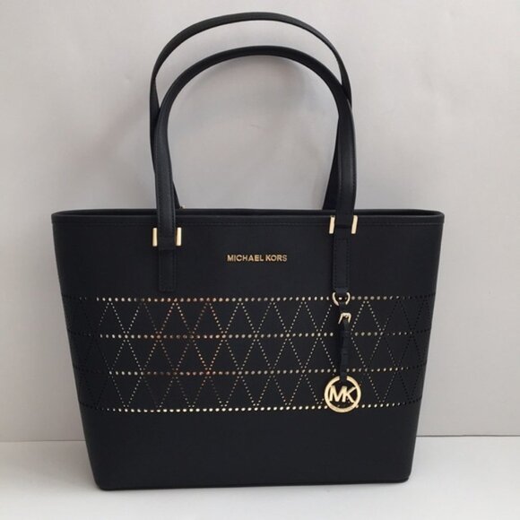 Michael Kors Jet Set Perforated Travel Tote Shoulder Purse - Black / Gold - Picture 1 of 7